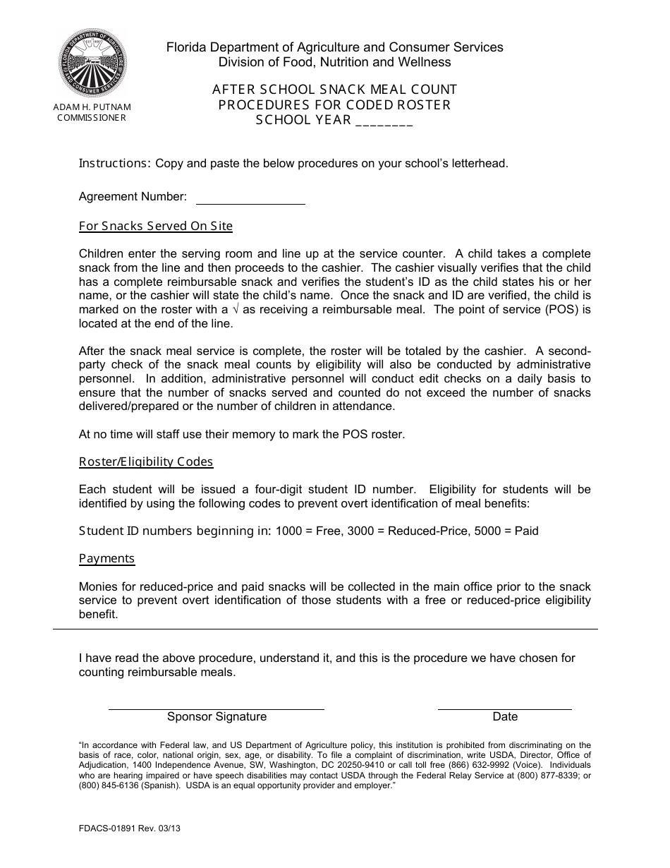 Form FDACS-01891 After School Snack Meal Count Procedures for Coded Roster - Florida, Page 1