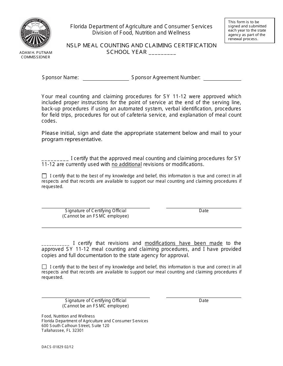 Form DACS-01829 Nslp Meal Counting and Claiming Certification - Florida, Page 1