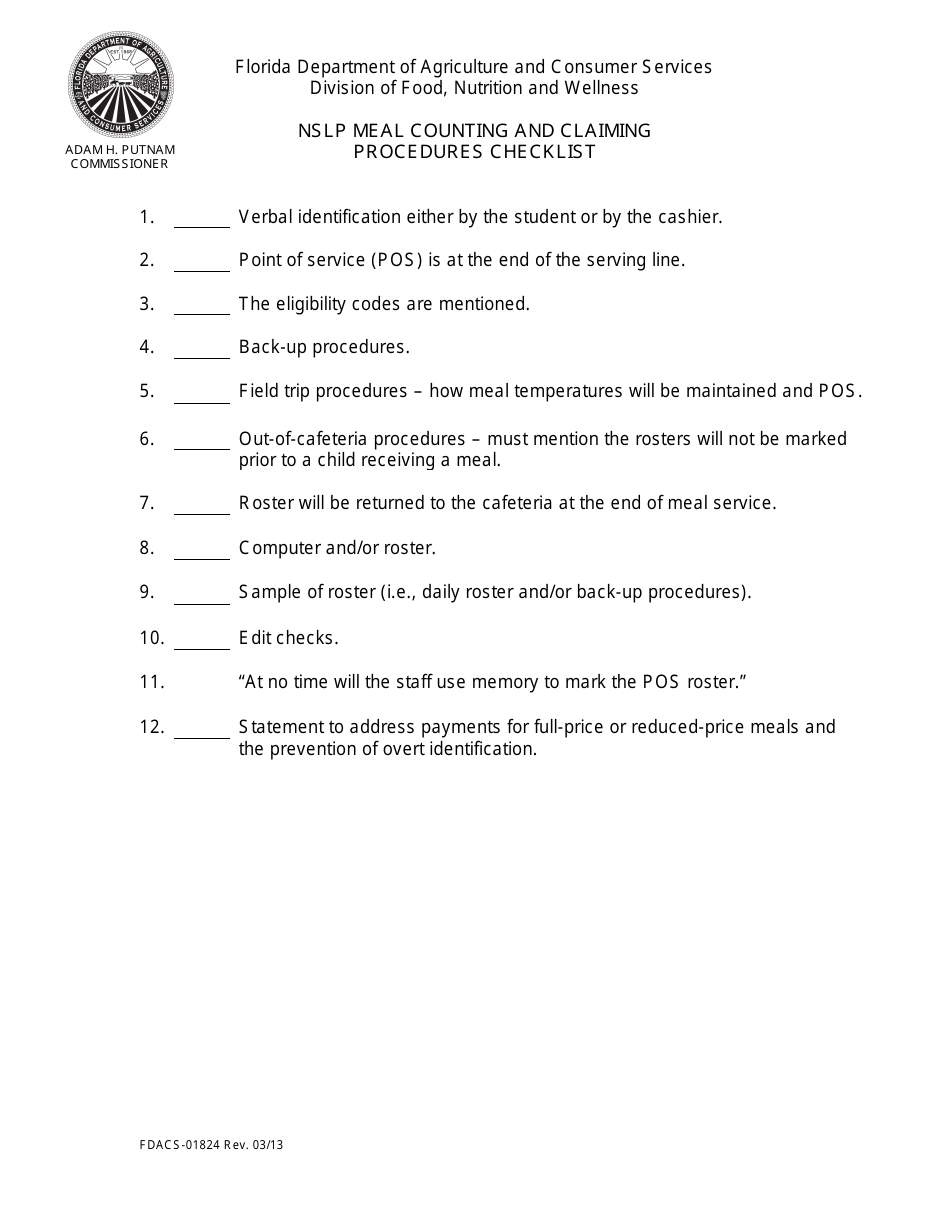 Form FDACS-01824 Nslp Meal Counting and Claiming Procedures Checklist - Florida, Page 1