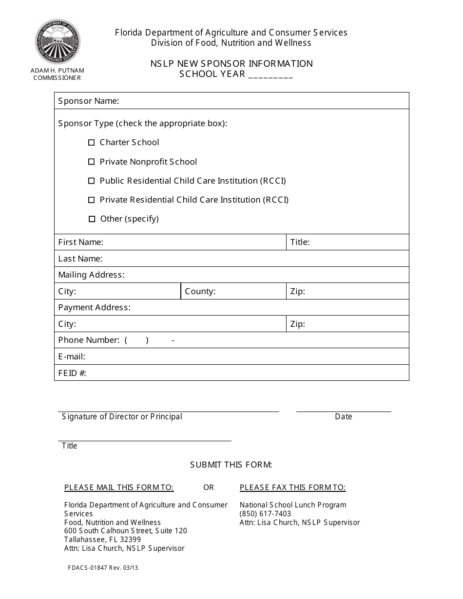 Form FDACS-01847 Nslp New Sponsor Information - Florida, Page 1