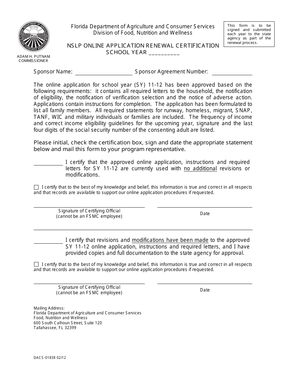 Form DACS-01838 Nslp Online Application Renewal Certification - Florida, Page 1