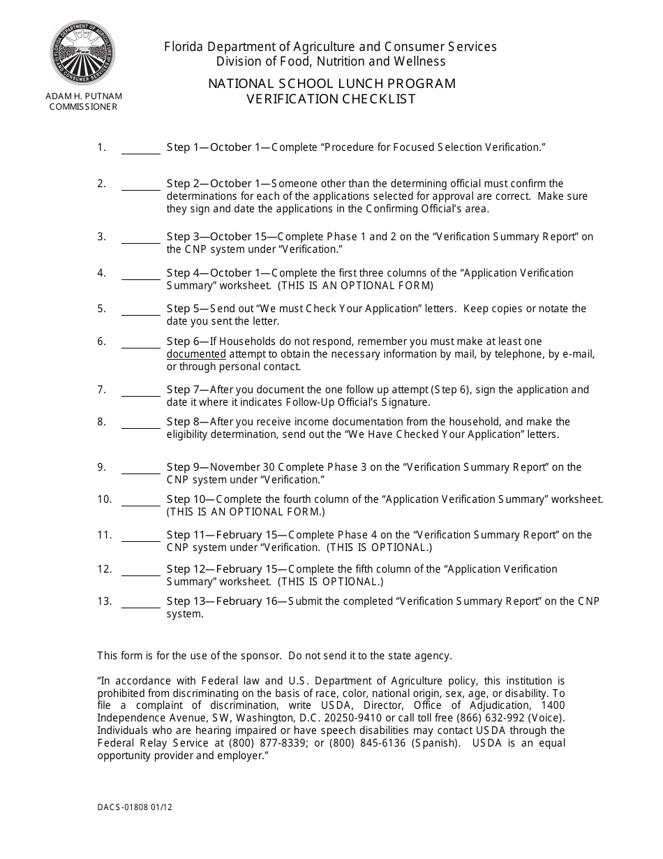 Form DACS-01808 National School Lunch Program Verification Checklist - Florida, Page 1