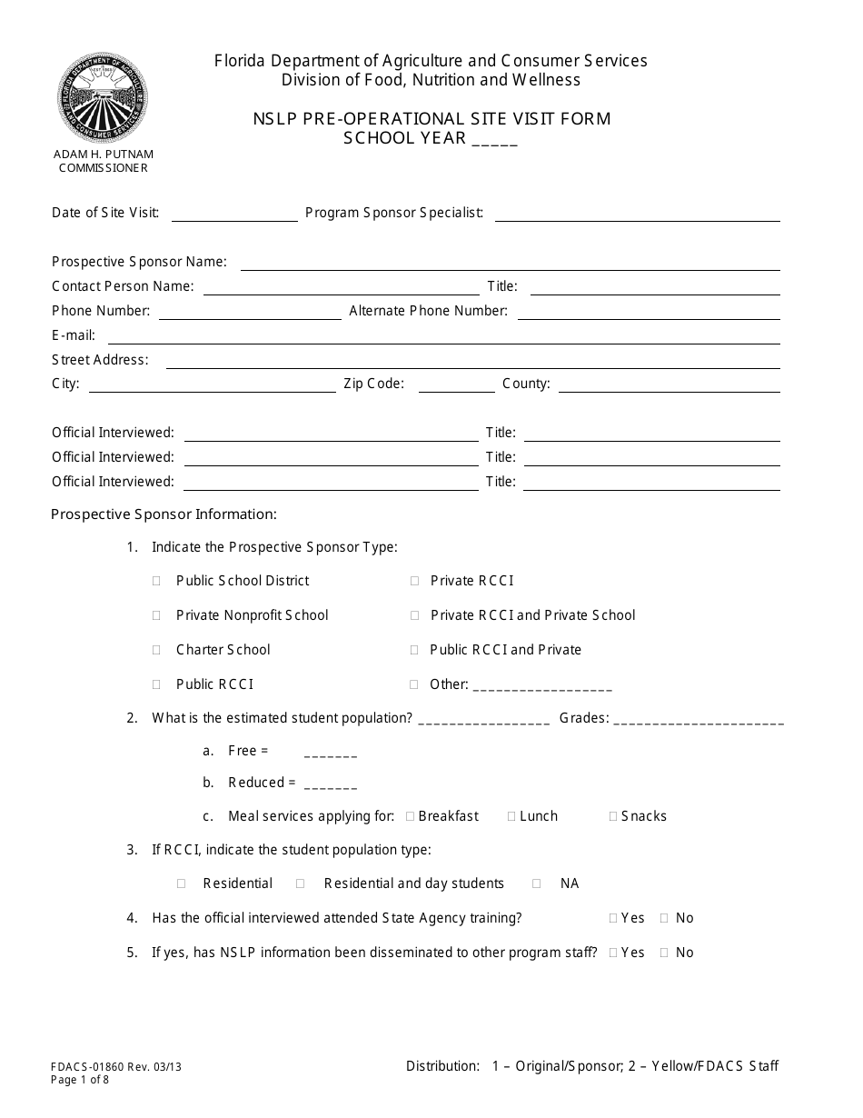 Form FDACS-01860 Nslp Pre-operational Site Visit Form - Florida, Page 1