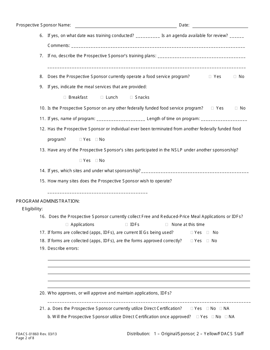 Form FDACS-01860 Nslp Pre-operational Site Visit Form - Florida, Page 2