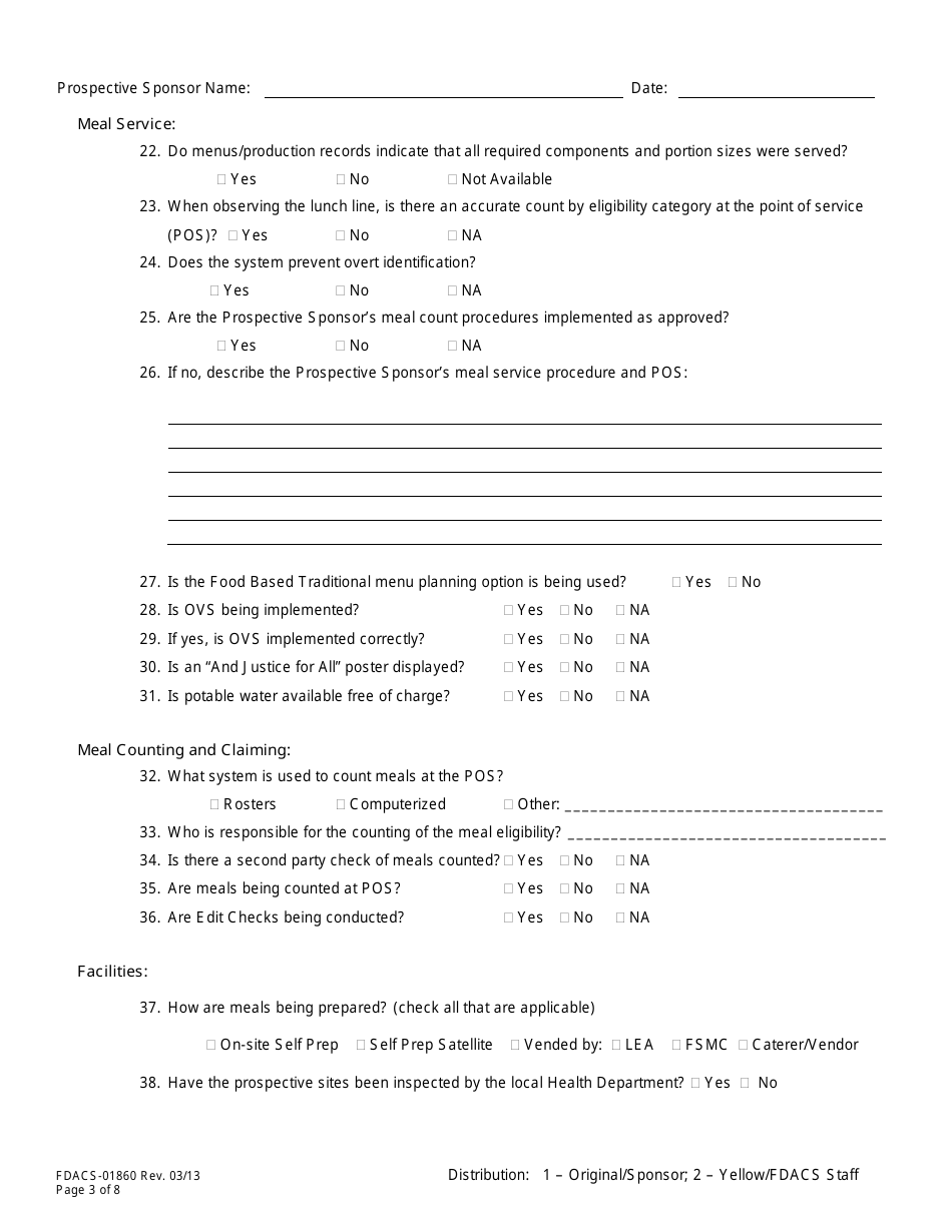Form FDACS-01860 Nslp Pre-operational Site Visit Form - Florida, Page 3