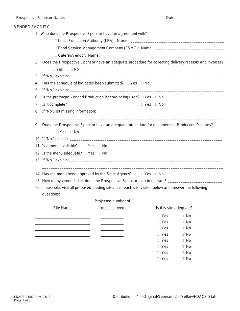 Form FDACS-01860 Nslp Pre-operational Site Visit Form - Florida, Page 7