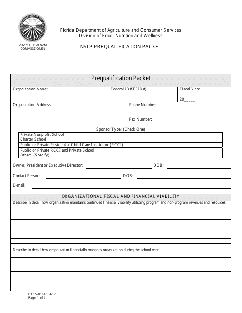 Form DACS-01887 Nslp Prequalification Packet - Florida