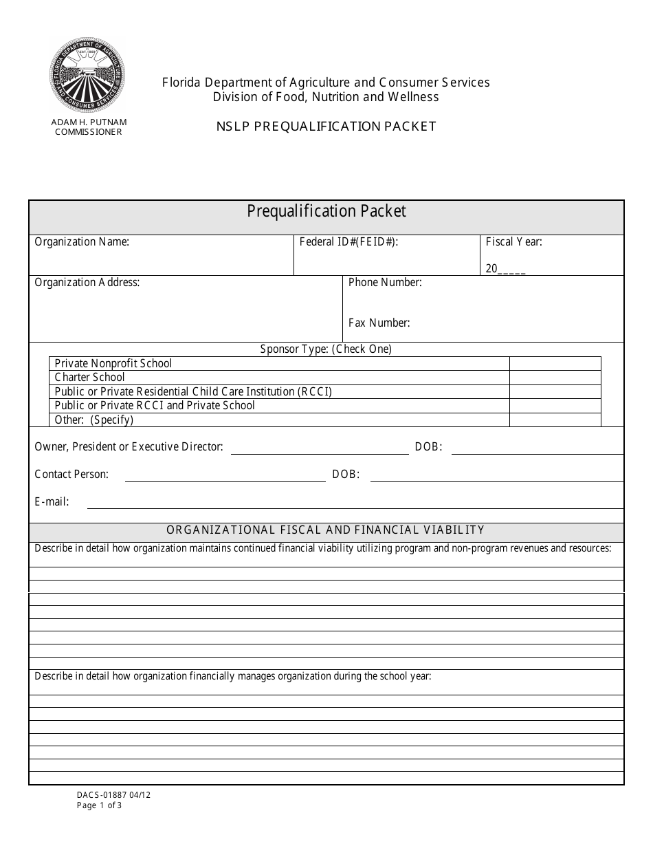 Form DACS-01887 Nslp Prequalification Packet - Florida, Page 1