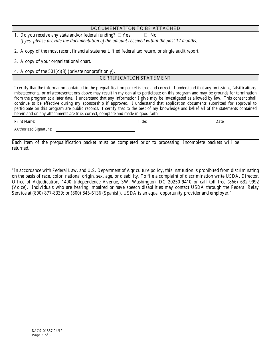 Form DACS-01887 Nslp Prequalification Packet - Florida, Page 3