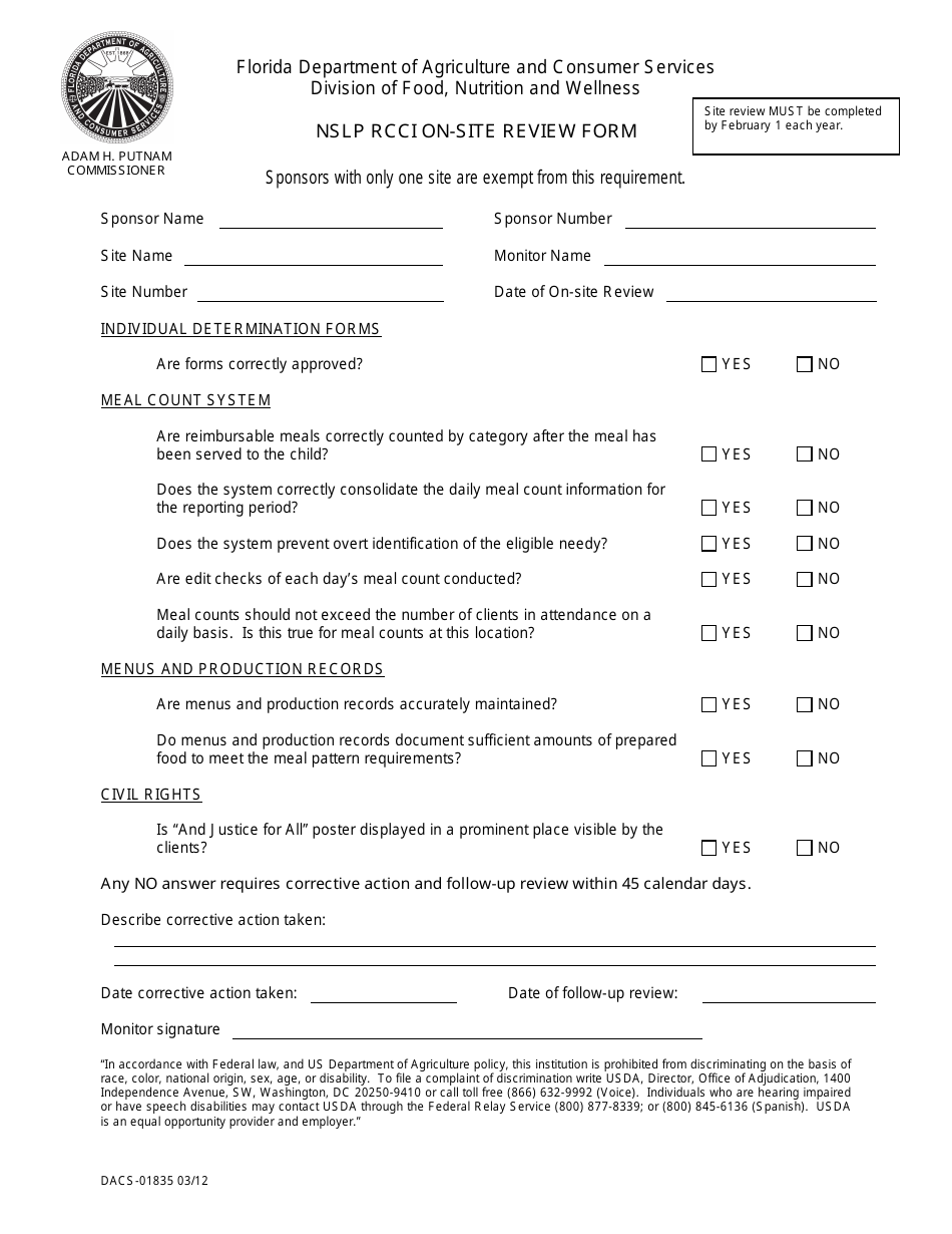 Form DACS-01835 Nslp Rcci on-Site Review Form - Florida, Page 1