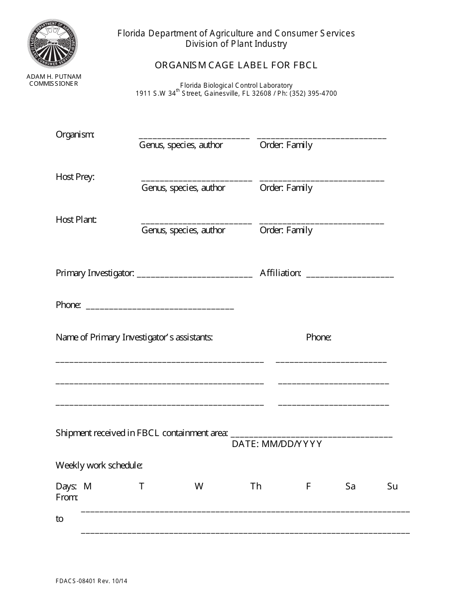 Form FDACS-08041 Organism Cage Label for Fbcl - Florida, Page 1