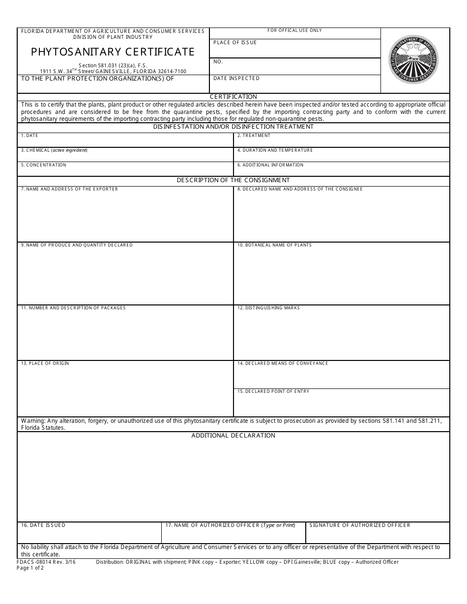 Form FDACS08014  Fill Out, Sign Online and Download Fillable PDF