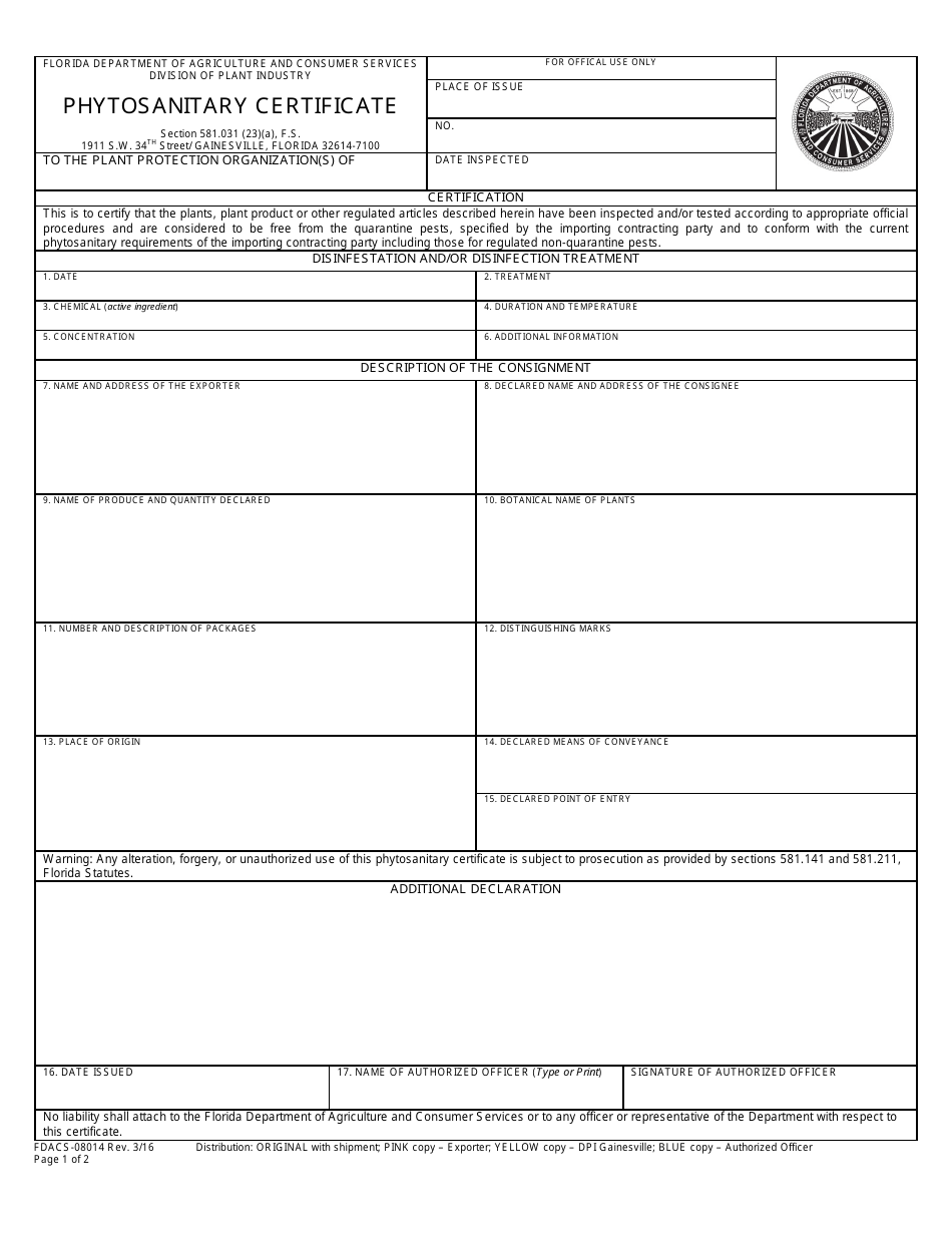 Form FDACS-08014 Phytosanitary Certificate - Florida, Page 1