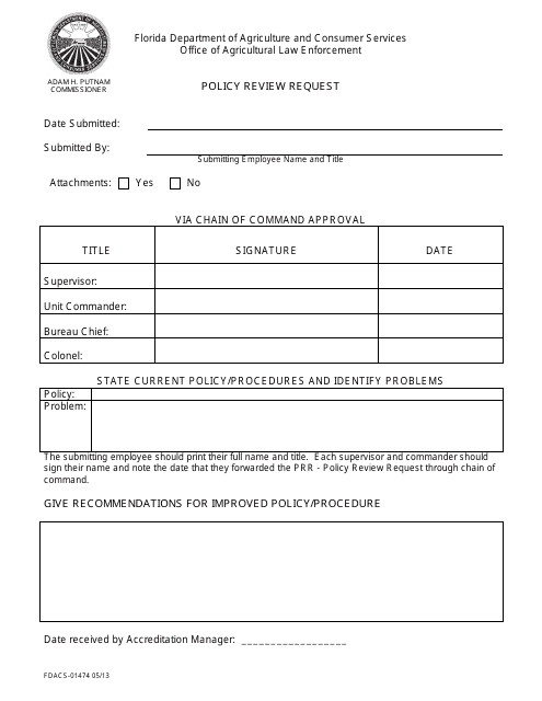 Form FDACS-01474 Policy Review Request - Florida