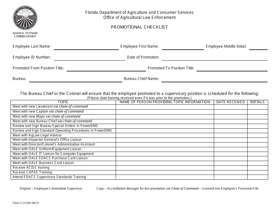 Form FDACS-01509 Promotional Checklist - Florida, Page 1