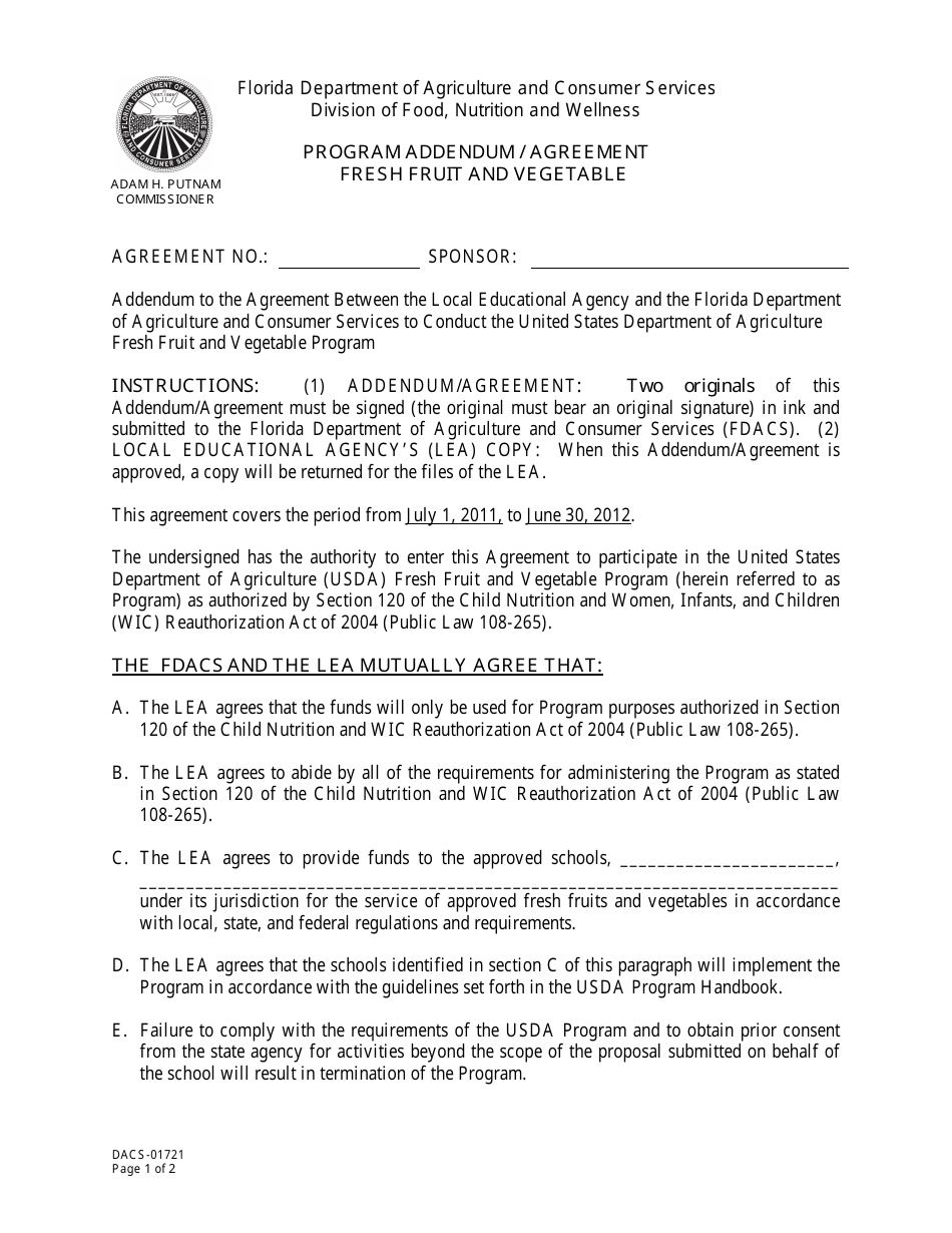 Form DACS-01721 Program Addendum / Agreement Fresh Fruit and Vegetable - Florida, Page 1