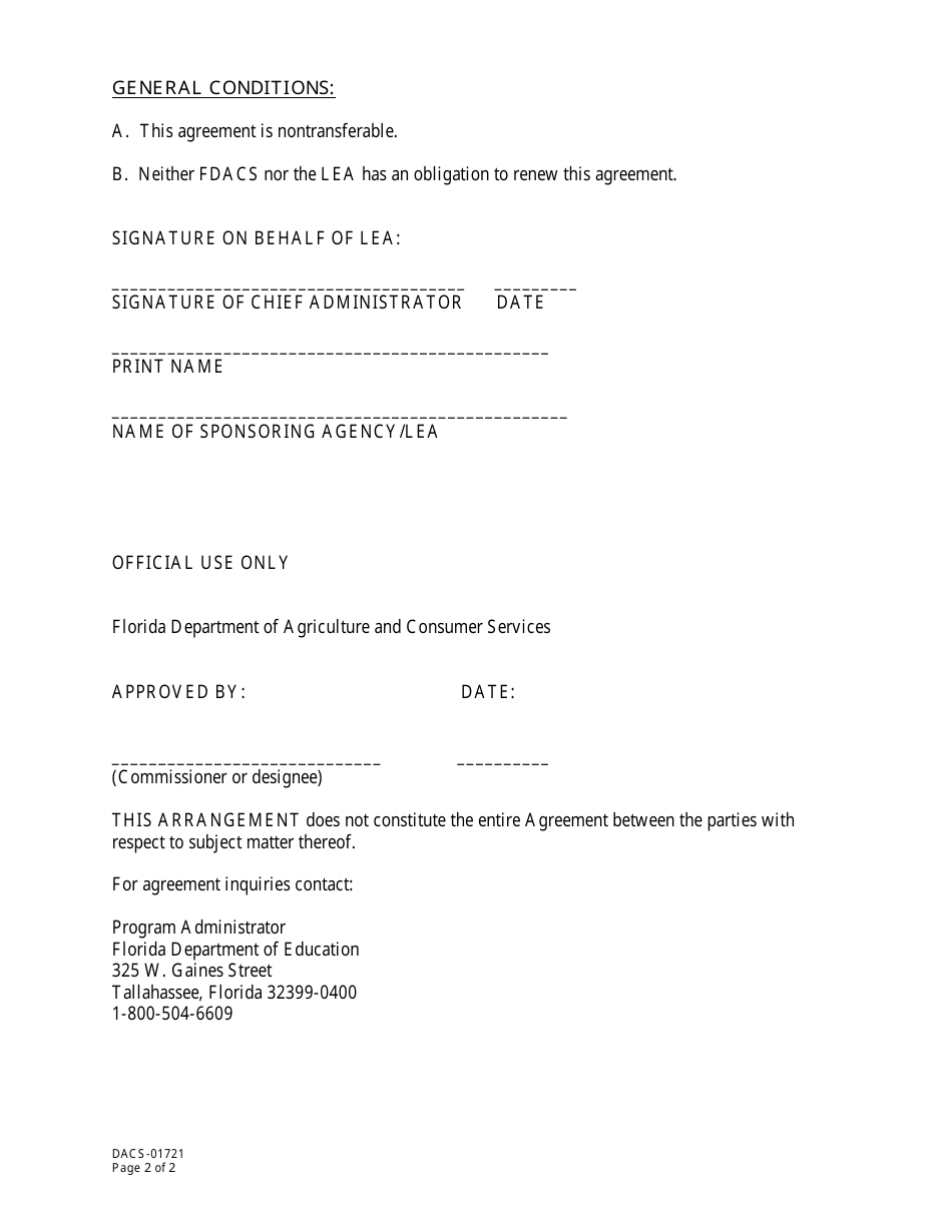 Form DACS-01721 Program Addendum / Agreement Fresh Fruit and Vegetable - Florida, Page 2