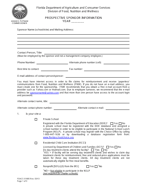 Form FDACS-01885  Printable Pdf