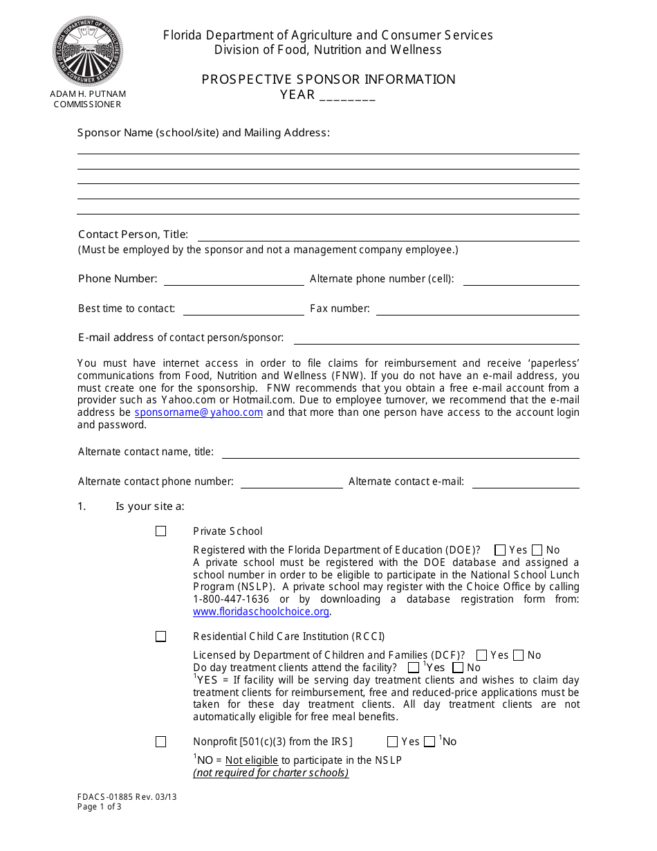 Form FDACS-01885 Prospective Sponsor Information - Florida, Page 1