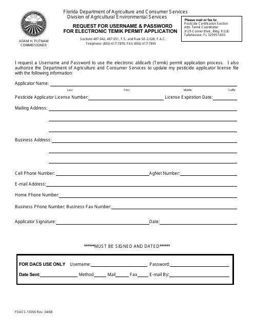 Form FDACS-13356  Printable Pdf