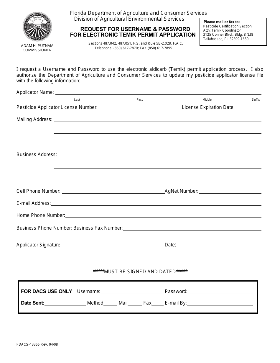 Form FDACS-13356 Request for Username  Password for Electronic Temik Permit Application - Florida, Page 1