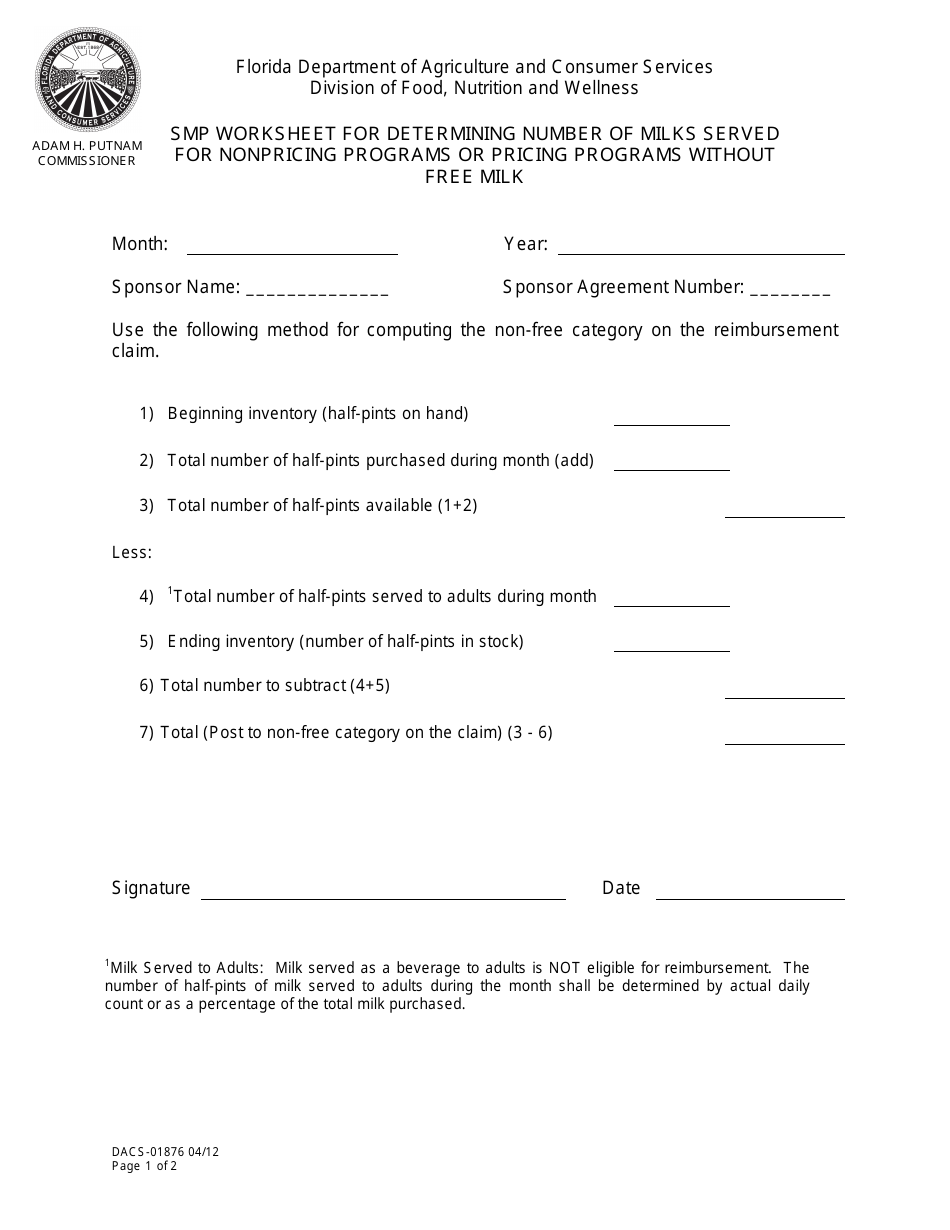 Form DACS-01876 SMP Worksheet for Determining Number of Milks Served for Nonpricing Programs or Pricing Programs Without Free Milk - Florida, Page 1