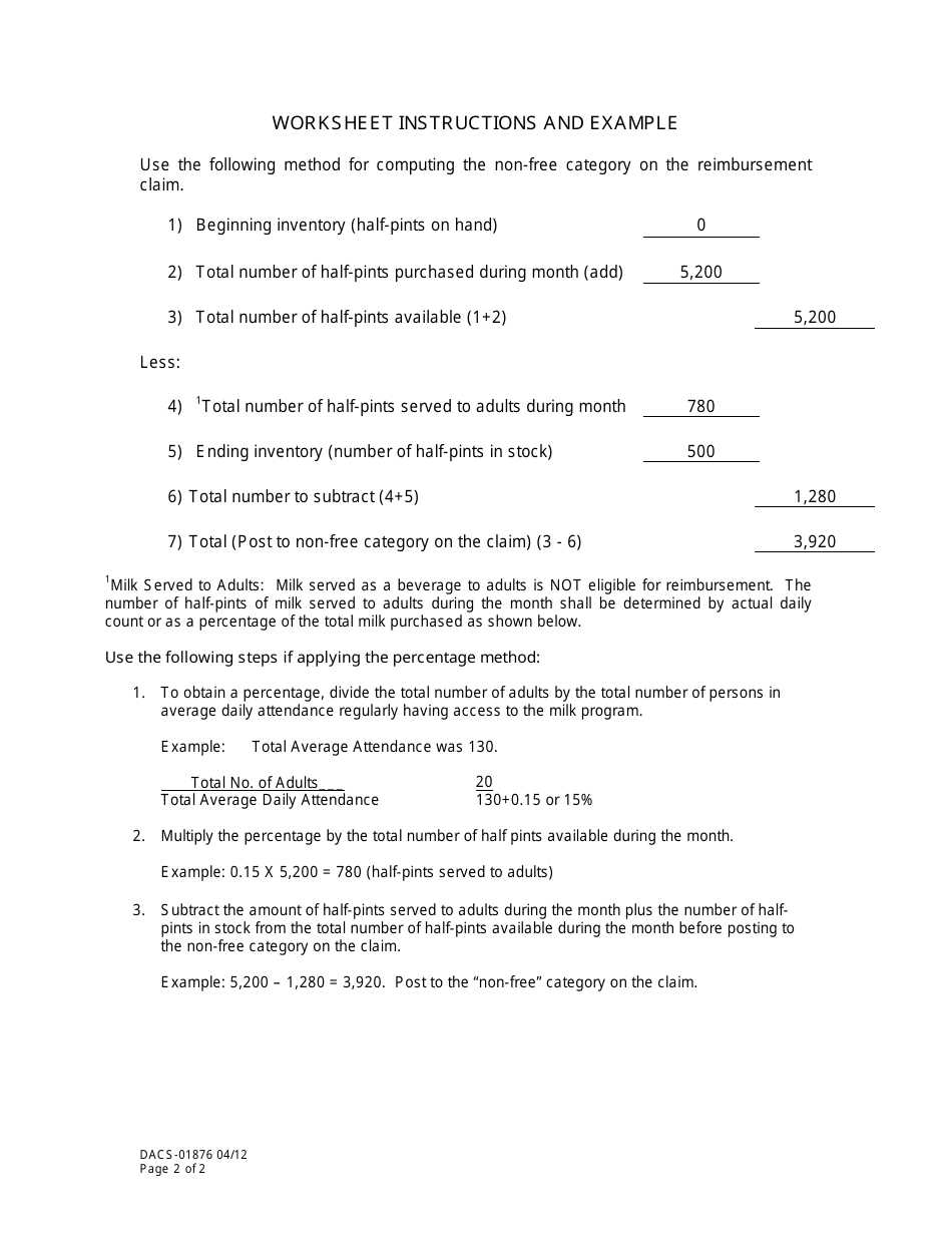 Form DACS-01876 SMP Worksheet for Determining Number of Milks Served for Nonpricing Programs or Pricing Programs Without Free Milk - Florida, Page 2