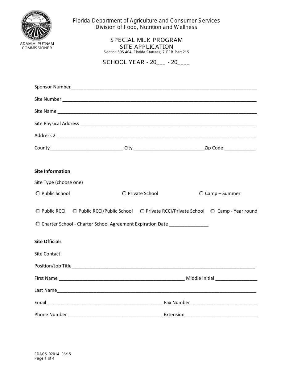 Form FDACS-02014 Special Milk Program Site Application - Florida, Page 1