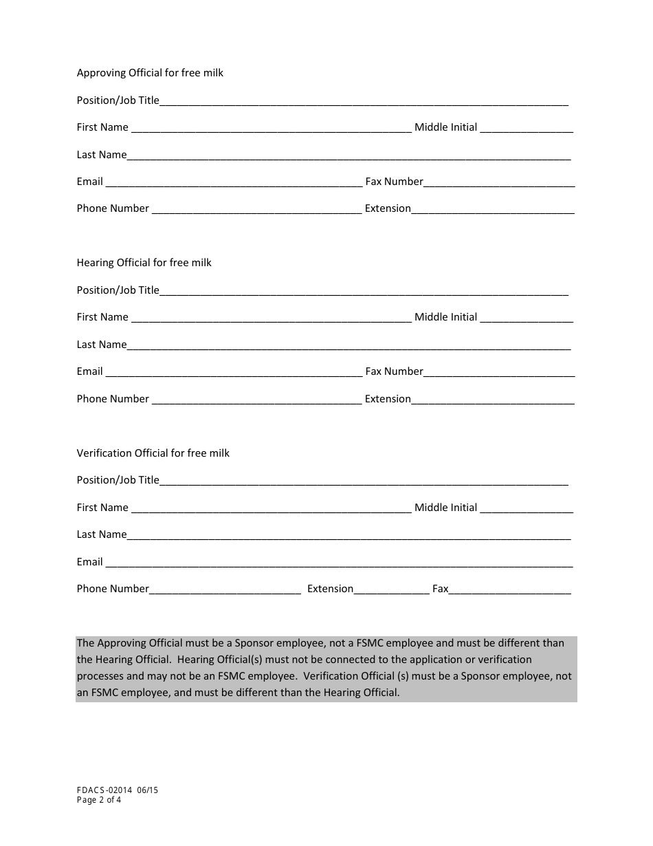 Form FDACS-02014 Special Milk Program Site Application - Florida, Page 2