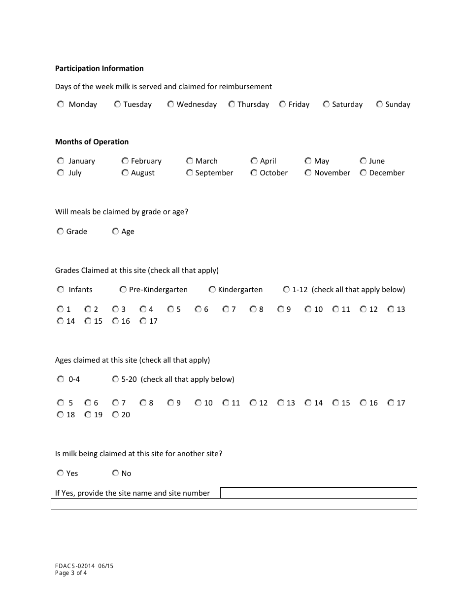 Form FDACS-02014 Special Milk Program Site Application - Florida, Page 3