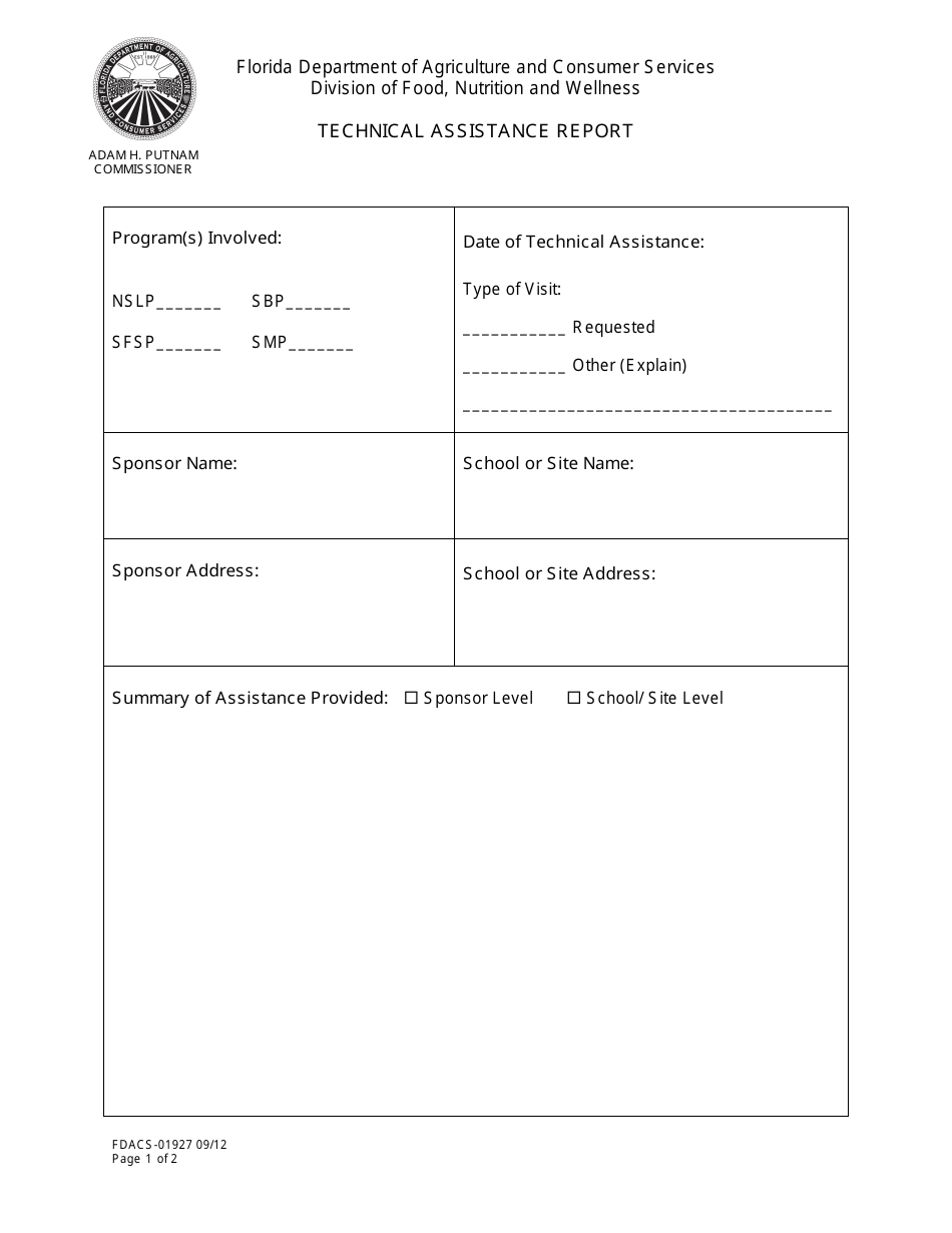 Form FDACS-01927 Technical Assistance Report - Florida, Page 1