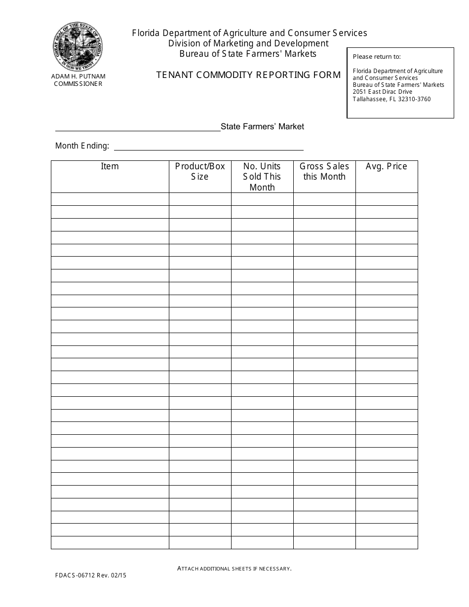 Form FDACS-06712 Tenant Commodity Reporting Form - Florida, Page 1