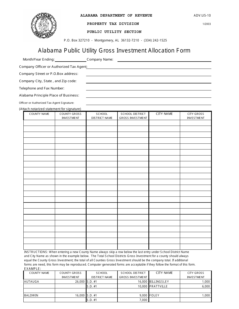 Form ADV: U5-10 Alabama Public Utility Gross Investment Allocation Form - Alabama, Page 1