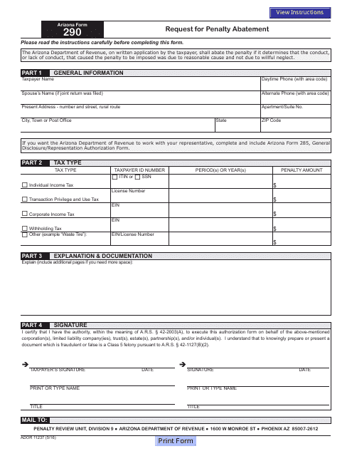 Arizona Form 290 (ADOR11237) Request for Penalty Abatement - Arizona