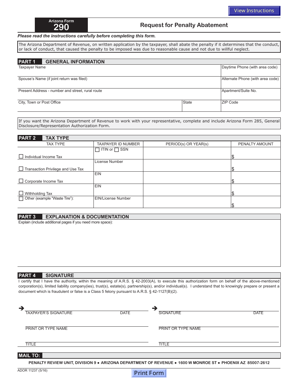 Arizona Form 290 (ADOR11237) Request for Penalty Abatement - Arizona, Page 1