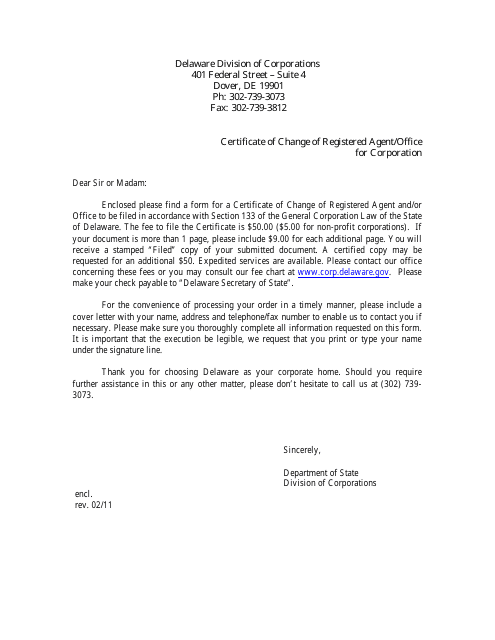 Certificate of Change of Registered Agent/Office for Corporation - Delaware