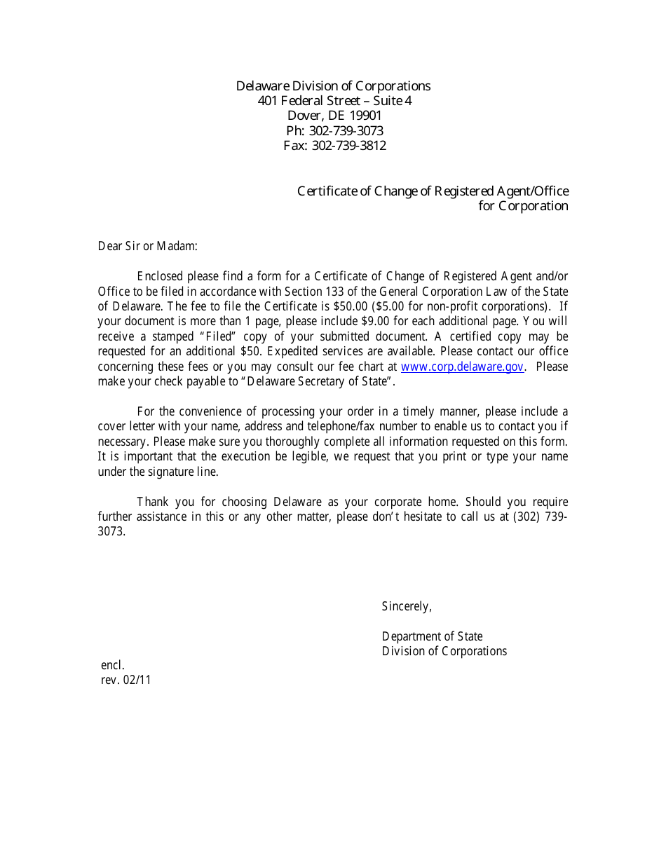 Certificate of Change of Registered Agent / Office for Corporation - Delaware, Page 1