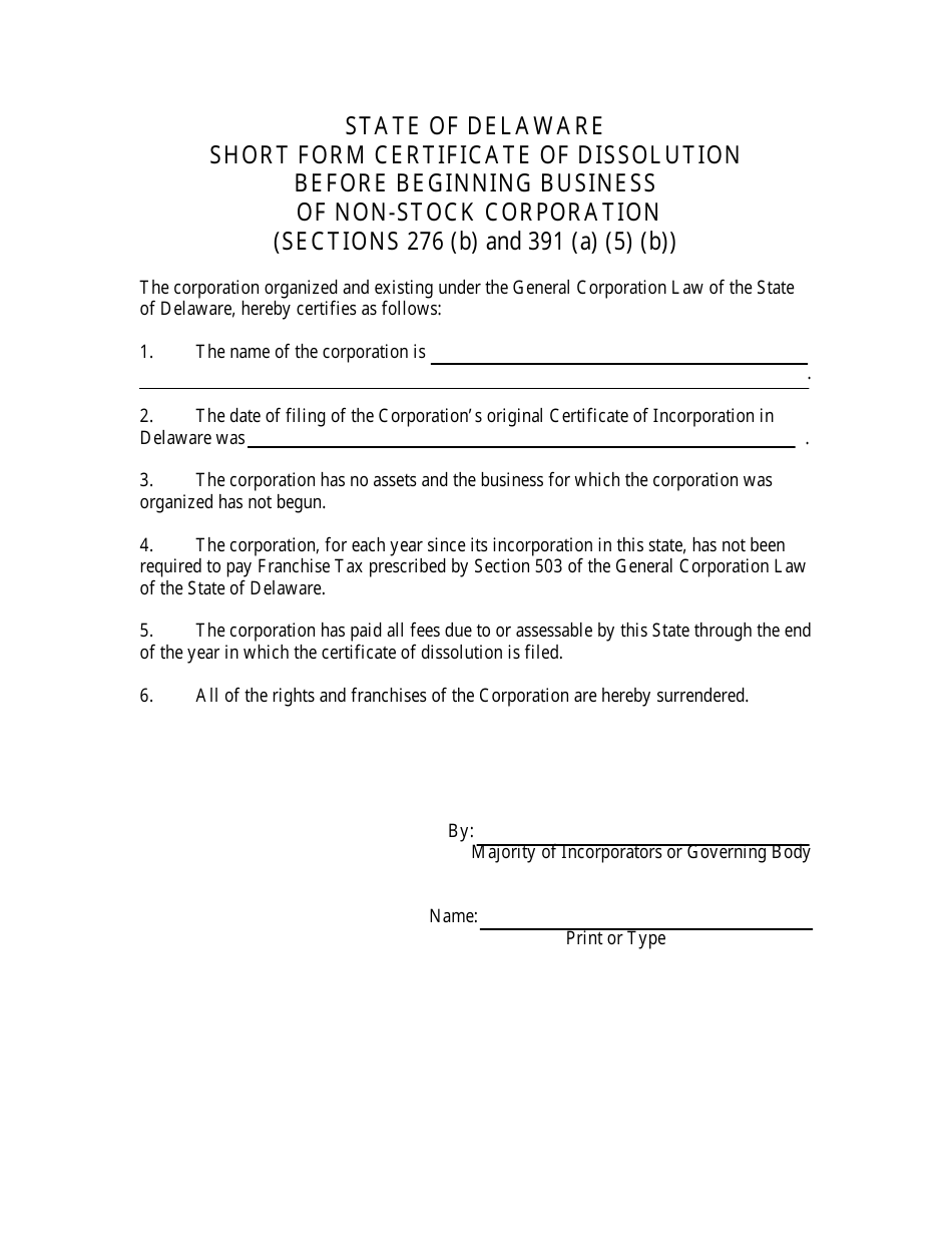 Certificate of Dissolution Before Beginning Business for Non-stock Corporation - Short Form - Delaware, Page 3