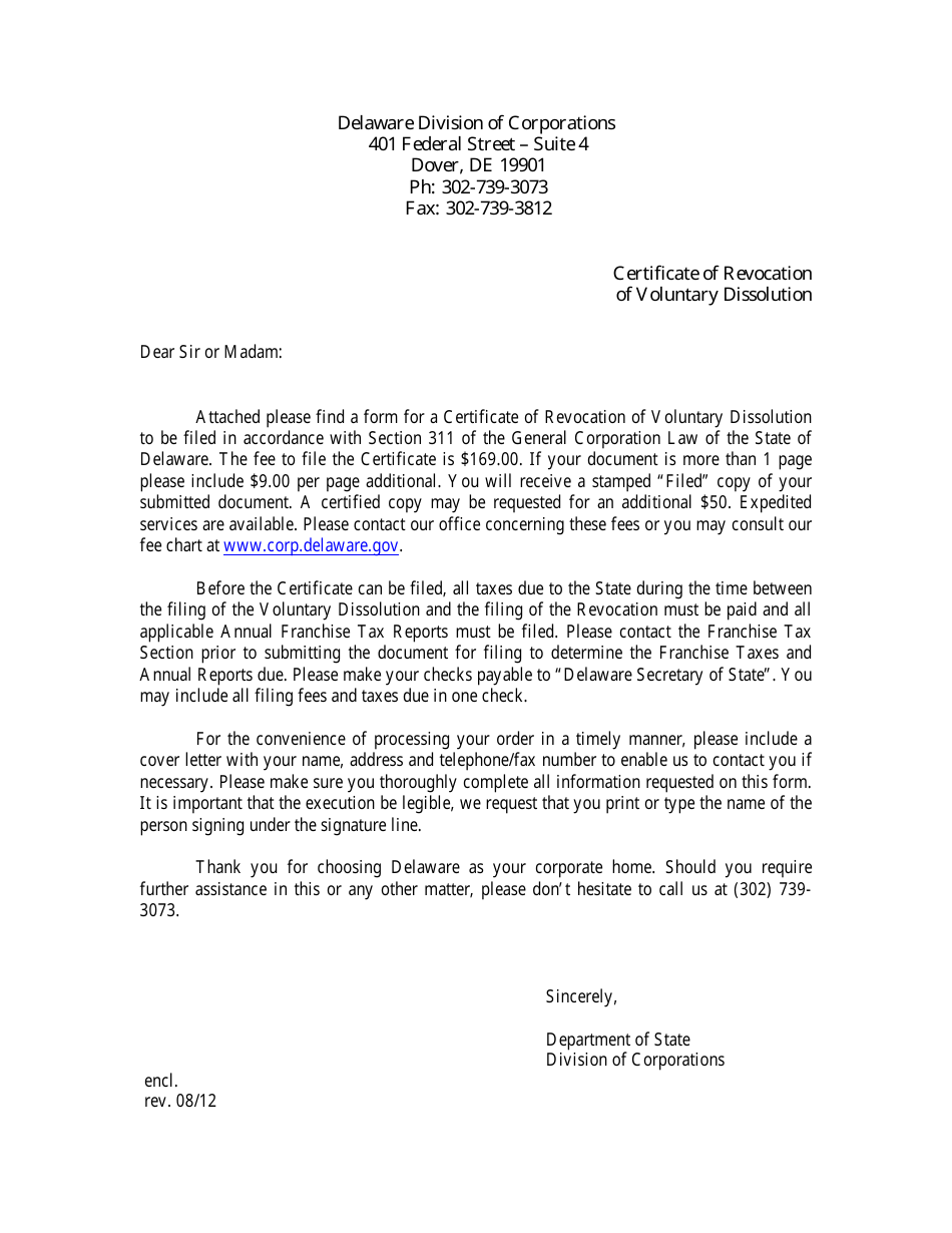 Certificate of Revocation of Voluntary Dissolution - Delaware, Page 1