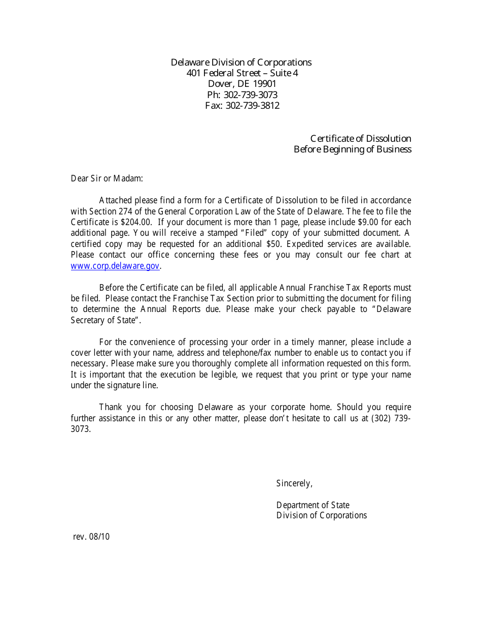 Certificate of Dissolution Before Beginning Business (Section 274) - Delaware, Page 1