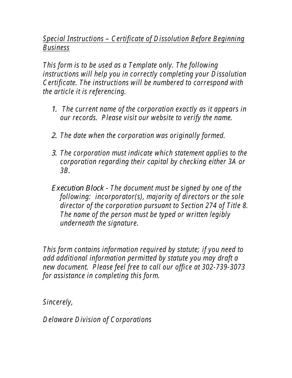 Certificate of Dissolution Before Beginning Business (Section 274) - Delaware, Page 2