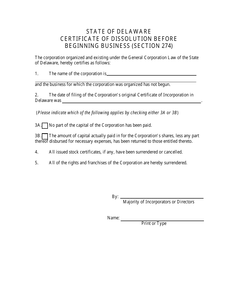 Certificate of Dissolution Before Beginning Business (Section 274) - Delaware, Page 3