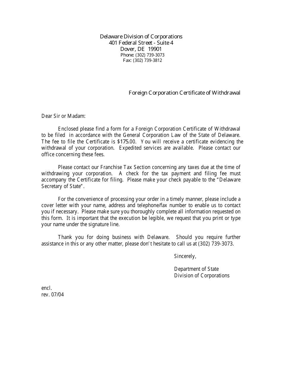 Foreign Corporation Certificate of Withdrawal - Delaware, Page 1