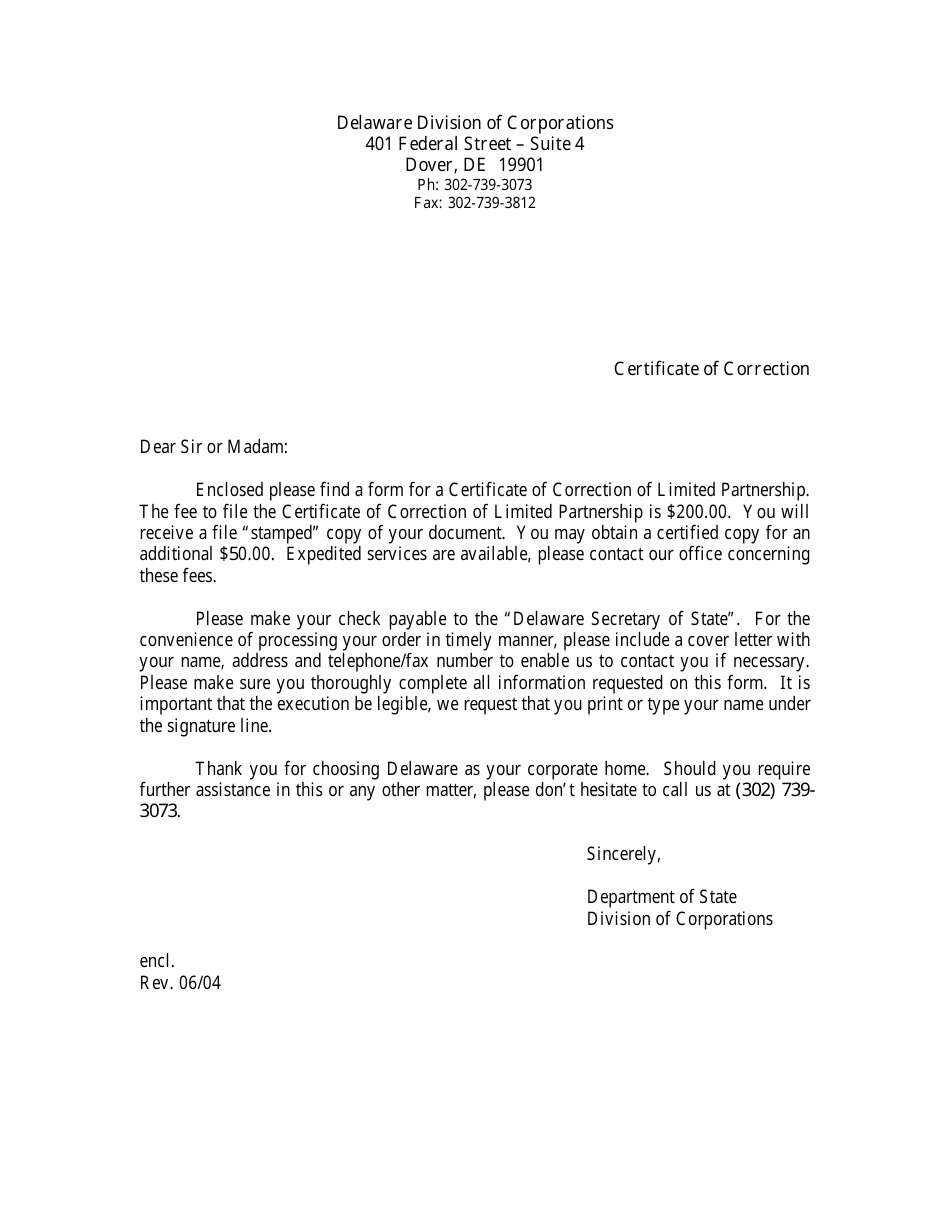 Delaware Certificate of Correction of Limited Partnership - Fill Out ...