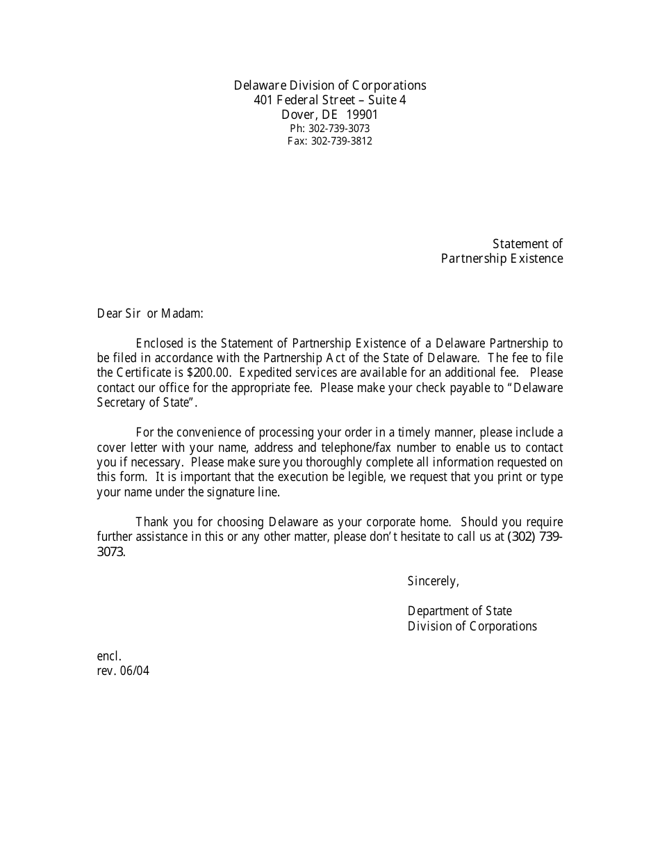 Statement of Partnership Existence - Delaware, Page 1