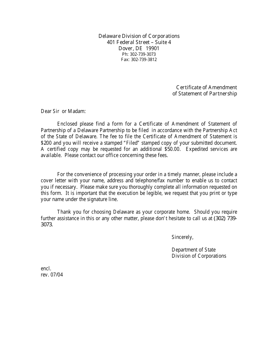 Certificate of Amendment of Statement of Partnership - Delaware, Page 1