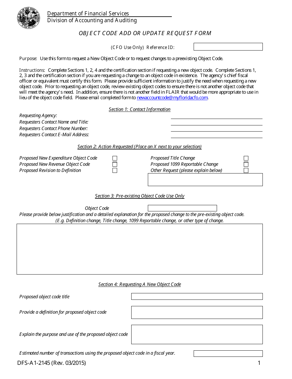 Form DFS-A1-2145 Object Code Add or Update Request Form - Florida, Page 1