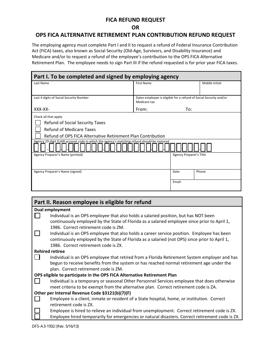 Form DFS-A3-1932 Fica Refund Request or Ops Fica Alternative Retirement Plan Contribution Refund Request - Florida, Page 1