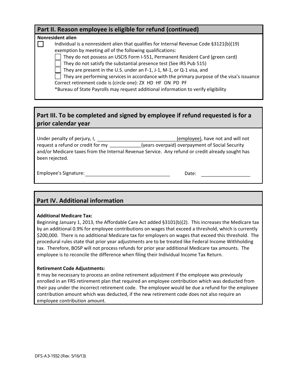 Form DFS-A3-1932 Fica Refund Request or Ops Fica Alternative Retirement Plan Contribution Refund Request - Florida, Page 2