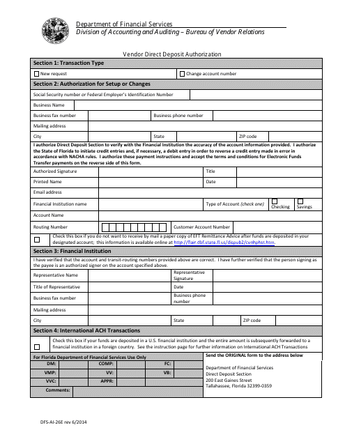 Form DFS-A1-26E Vendor Direct Deposit Authorization - Florida